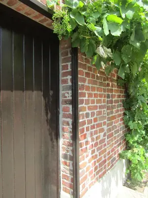 a brick building with a door and a plant at De Staberg in Bilzen