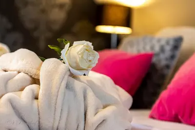 a white rose in a towel on a couch at 't Poorthof in Borgloon