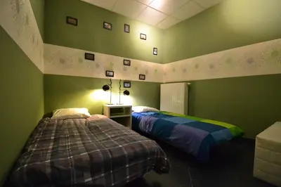 two beds in a room with green walls at Maisonnette in Liège