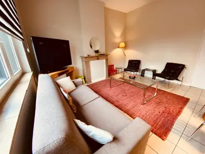 a living room with a couch and a flat screen tv at Fenêtre sur le Standard de Liège in Ougrée