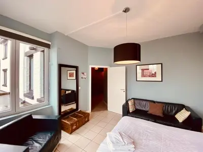 a living room with a bed and a couch at Fenêtre sur le Standard de Liège in Ougrée