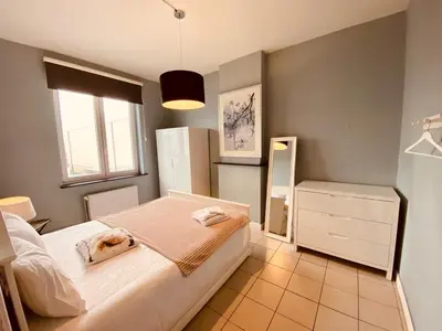 a bedroom with a dog laying on a bed at Fenêtre sur le Standard de Liège in Ougrée