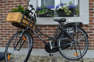 a bike parked in front of a house with flowers at Maison Margriet in Tongeren