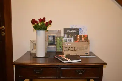 a table with a vase of flowers and books on it at Maison Margriet in Tongeren