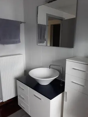 a bathroom with a white sink and a mirror at Cosy Corner in Lommel