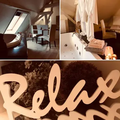 a collage of photos with a bathroom and a sink at De Verborgen Parel B&B in Borgloon