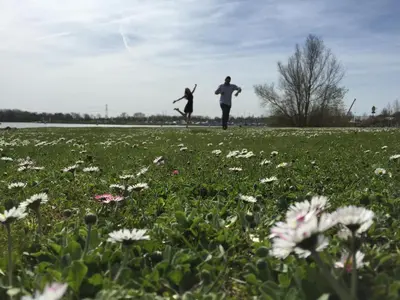 two people flying a kite in a field of flowers at Hotel De Maaskant in Maaseik