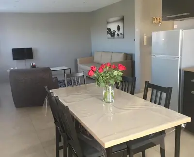 a dining table with a vase of flowers on it at Rentalis Flat in Liège