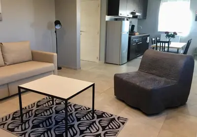 a living room with a couch and a chair and a table at Rentalis Flat in Liège
