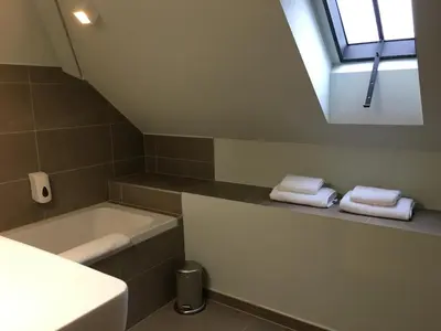 a bathroom with a sink and a bath tub and a window at Orshof in Oudsbergen
