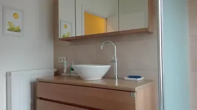 a bathroom with a white bowl sink on a wooden counter at B&B De Laak in Bilzen