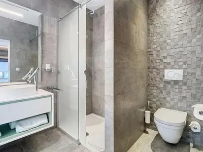 a bathroom with a shower and a toilet and a sink at Les Begards Espace 9 in Chaudfontaine