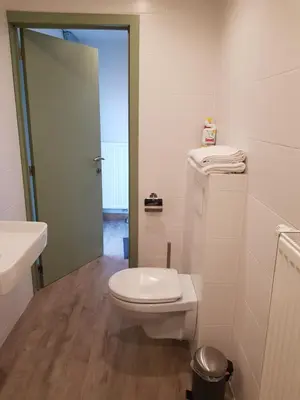 a white bathroom with a toilet and a sink at Logie Rotem in Dilsen-Stokkem