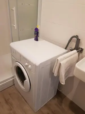 a washing machine in a bathroom with a mirror at Logie Rotem in Dilsen-Stokkem