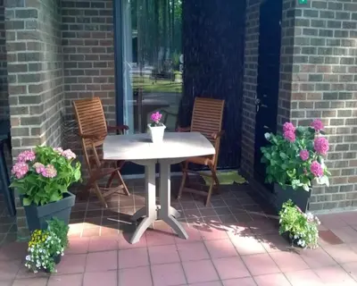 a table and chairs on a patio with flowers at Hengelhoef vakantieverblijf DEN 5 in Houthalen-Helchteren