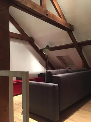 a living room with a couch and a ceiling with beams at Hasselt City Garden Duplex in Hasselt