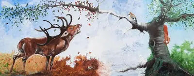 a painting of a deer standing next to a tree at Hotel Des Ardennes in Verviers