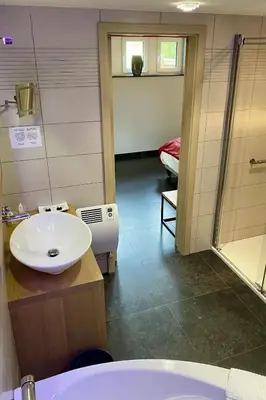 a bathroom with a sink and a shower at Hotel L'Ami du Chambertin in Thimister