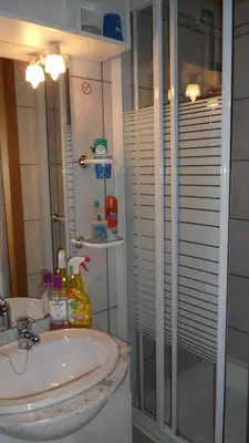 a bathroom with a sink and a shower at gasthof lederhose in Diepenbeek