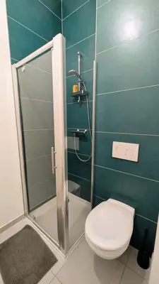 a bathroom with a toilet and a glass shower at Augustins in Liège