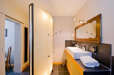 a bathroom with a sink and a mirror at Het Pachthof in Borlo