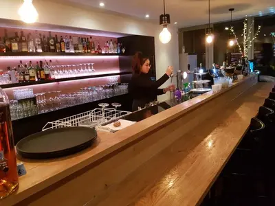 a woman standing at a bar with a counter at Hotel AL Mulino in Maasmechelen