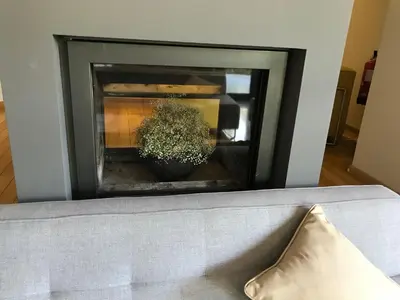 a living room with a fireplace with a plant at Vakantiehuis Piantho in Overpelt