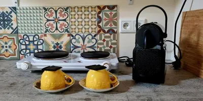 a kitchen with three yellow ducks in bowls in front of a stove at Staying with the artist in Teuven