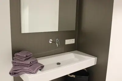 a bathroom sink with a mirror and purple towels at MAIO B&B en Dinner in Zonhoven