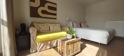 a small bedroom with a bed and a couch at B&B 't Goedhof in Maaseik
