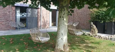 three chairs sitting around a tree in front of a building at B&B 't Goedhof in Maaseik