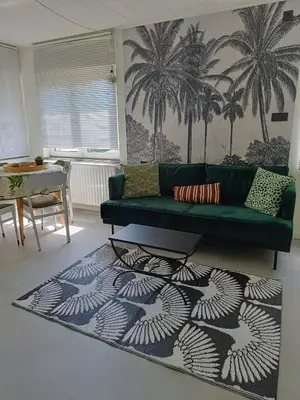a living room with a green couch and a rug at Casa Roman - nieuwe vakantiewoning - Deluxe 4p - Relax 4p - Comfort 4p -- ---Cosy 2p in Zonhoven