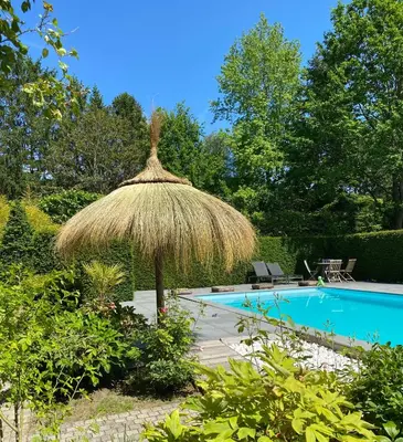 a large straw umbrella next to a swimming pool at Cosy Studio met Zwembad in Beringen