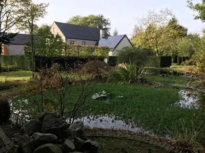 a garden with a pond in front of a house at Cosy Studio met Zwembad in Beringen
