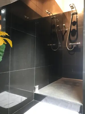 a bathroom with a shower with black tiles at Cosy Studio met Zwembad in Beringen