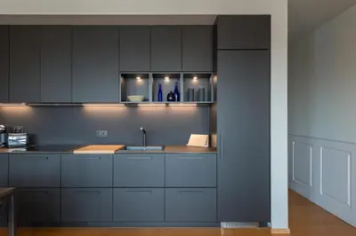 a kitchen with gray cabinets and a sink at Studio des princes in Liège