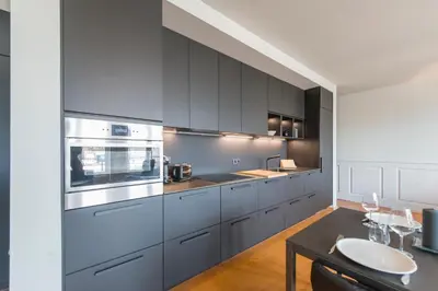 a kitchen with gray cabinets and a sink at Studio des princes in Liège