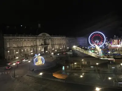 a city at night with a ferris wheel and a building at Studio des princes in Liège