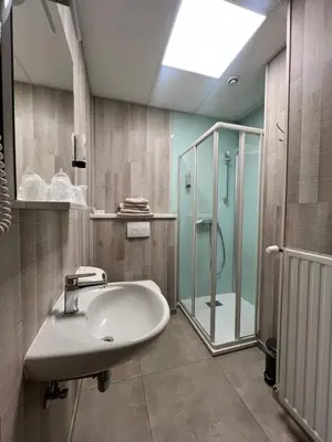a bathroom with a sink and a shower at Hotel De Venne in Genk