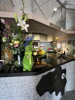 a lobby with flowers in a vase on a counter at Hotel De Venne in Genk