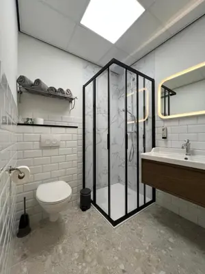 a bathroom with a shower and a toilet and a sink at Hotel De Venne in Genk
