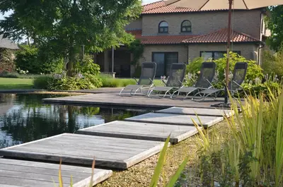 a group of chairs sitting on a dock next to a pond at B&B Serenity in Pelt