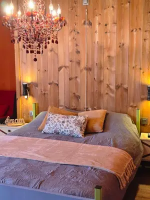 a bedroom with a bed with a wooden wall at Hemelse Helderheid in Maasmechelen