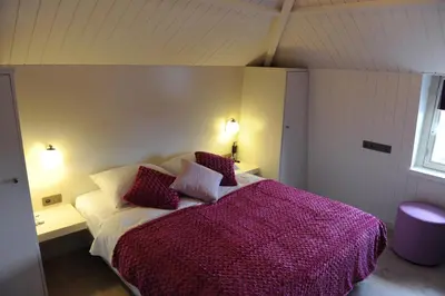 a bedroom with a large bed with a purple comforter at Charmehotel Villa Saporis in Hasselt