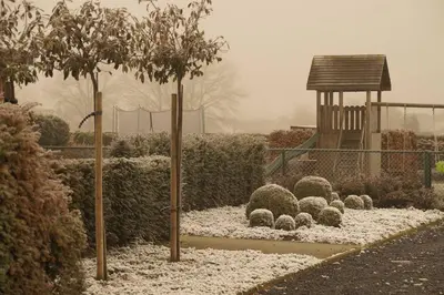 a garden covered in snow with trees and a playground at Kampenhof in Maaseik