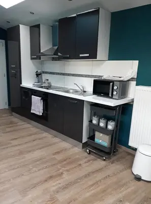 a kitchen with a sink and a microwave at Chez Vivi in Ans