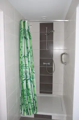 a bathroom with a shower with a green shower curtain at Juwel Fruithof in Zepperen