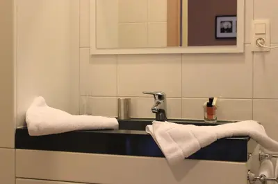 a bathroom with a sink with towels on it at B&B Don Genaro in Dilsen-Stokkem