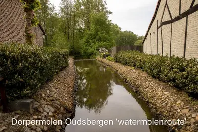 a river in a yard next to a building at Vakantiewoning Heidebos in het Nationaal Park Hoge Kempen in Het Laar