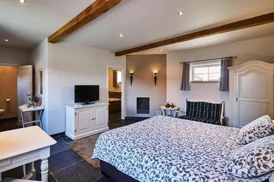 a bedroom with a bed and a television at Wellness B&B De Zevenslaper in Geetbets